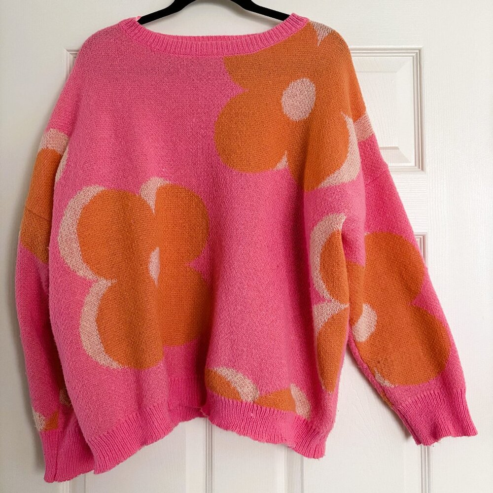 143 Story Pink & Orange Floral Cable Knitted Sweater, S - Picture 4 of 4